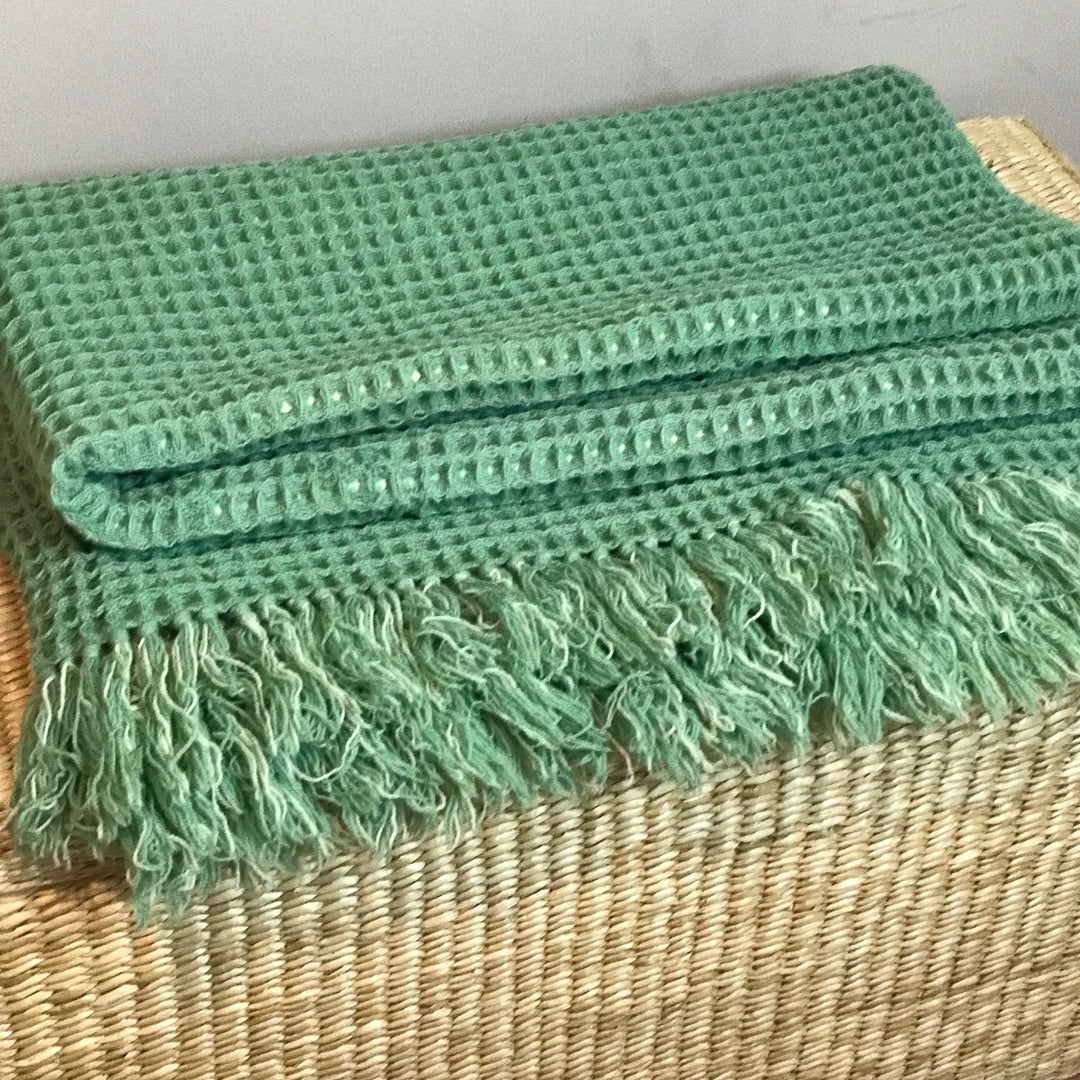 Single vintage Welsh wool green waffle blanket Moody Mabel