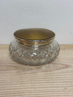 Image of Art Deco guilloché enamel jar, Birmingham silver 1929 front view