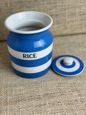 Image of Blue Cornishware rice jar with lid lid off