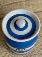 Image of Blue Cornishware rice jar with lid top down view
