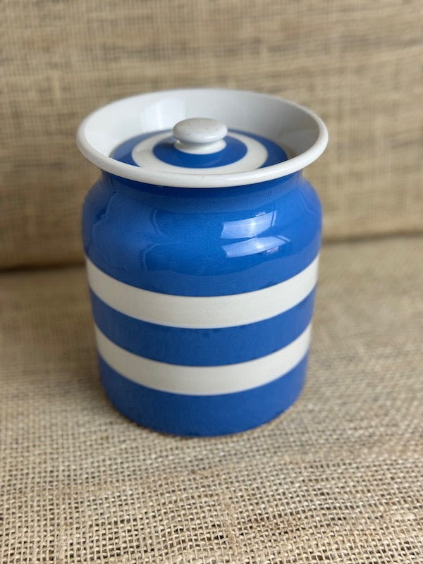 Image of Blue cornishware plain jar, minor chip to lid