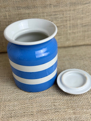 Image of Blue cornishware plain jar, minor chip to lid lid off