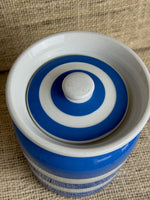 Image of Blue cornishware plain jar, minor chip to lid - top down view