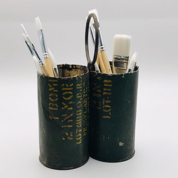 Image of Double metal pencil holder with paint brushes