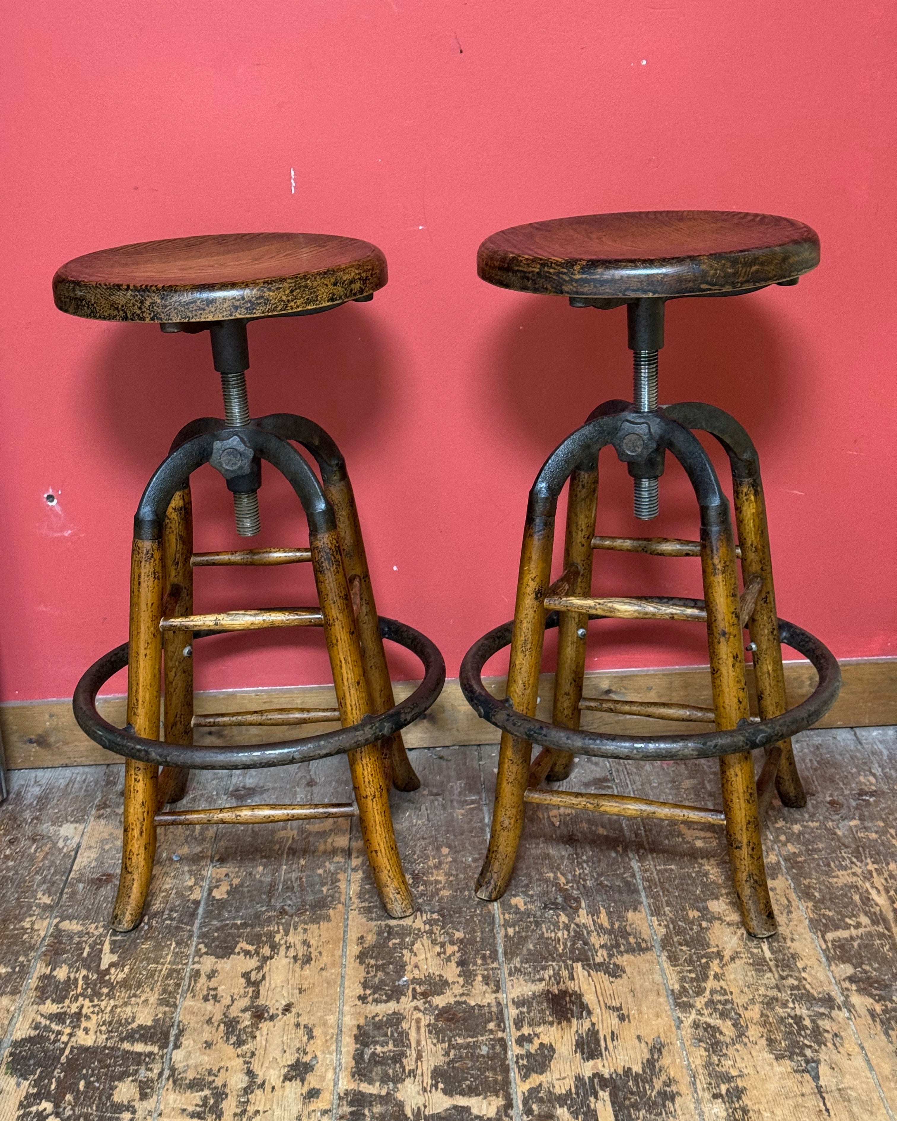 6 x Cast iron and Oak stools