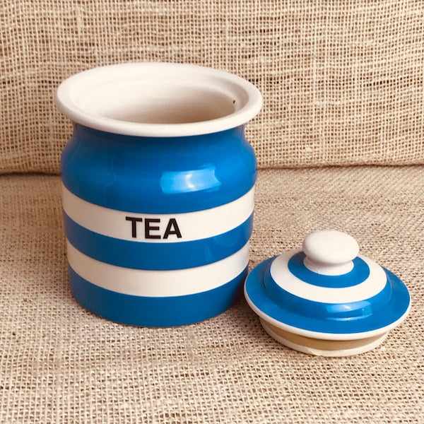 Image of TG Green blue cornishware Tea Jar modern lid off