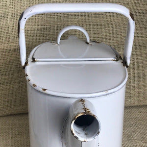 Image of White lidded enamel watering can close up