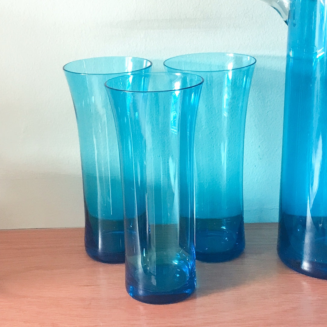 Vintage turquoise glass tall jug and glasses set