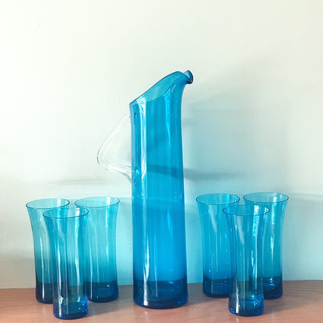 Vintage turquoise glass tall jug and glasses set