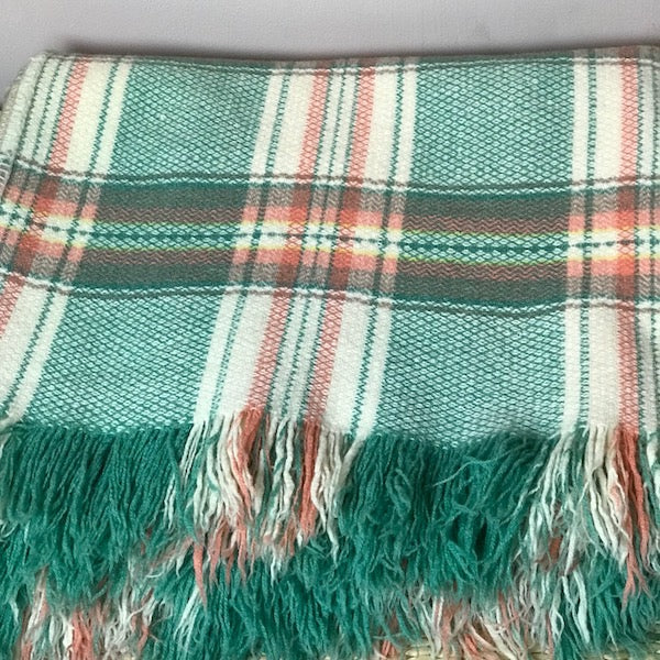 Image of Green and pink fringed wool blanket