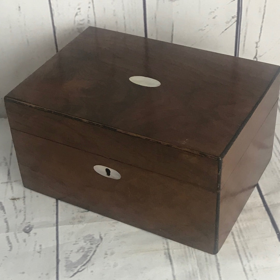 Mother Of Pearl Inlaid buttoned red satin Jewellery/Sewing Box