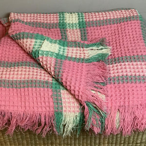 Large vintage pink-cream-green waffle blanket