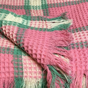 Large vintage pink-cream-green waffle blanket