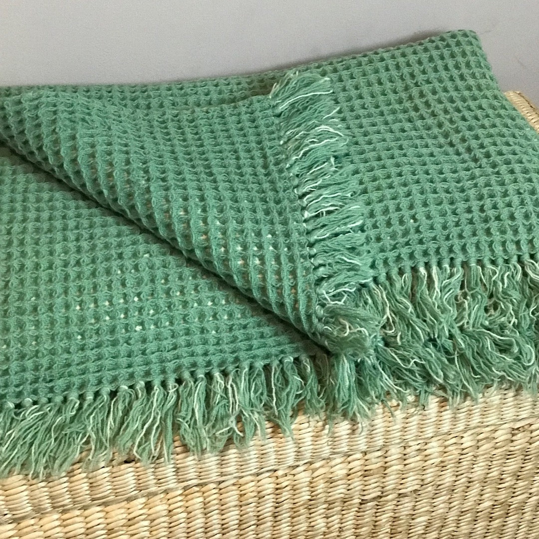Single vintage Welsh wool green waffle blanket