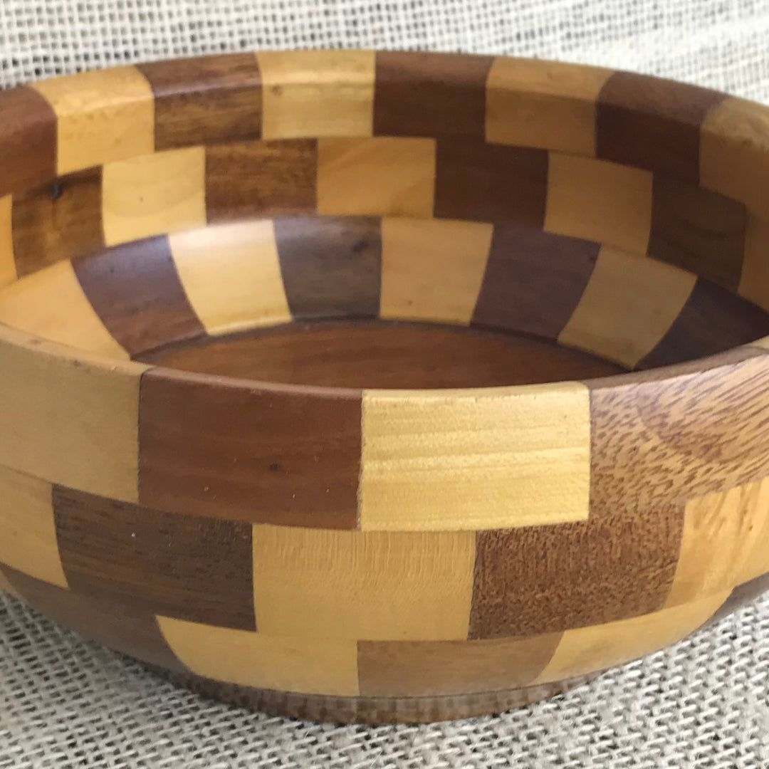 1960's patchwork effect wooden fruit bowl.