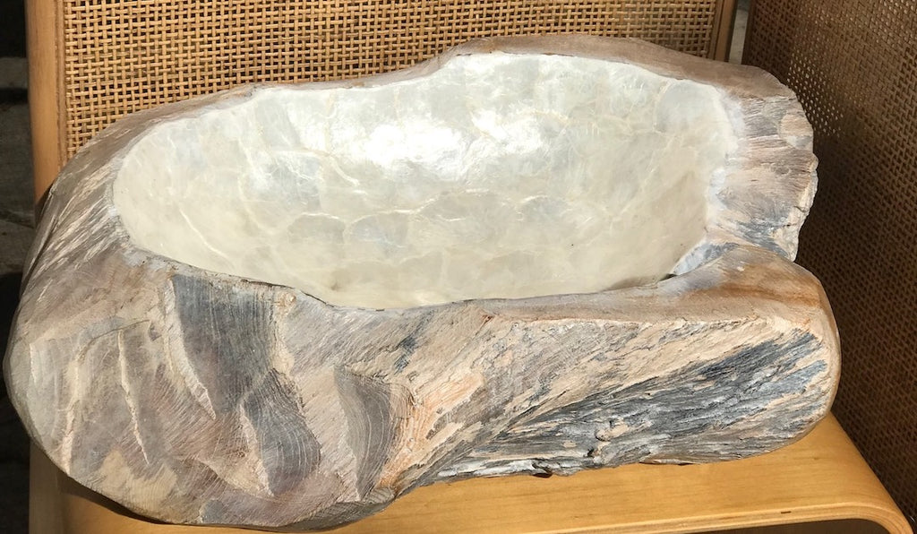 Large wooden feature bowl with pearlescent lining