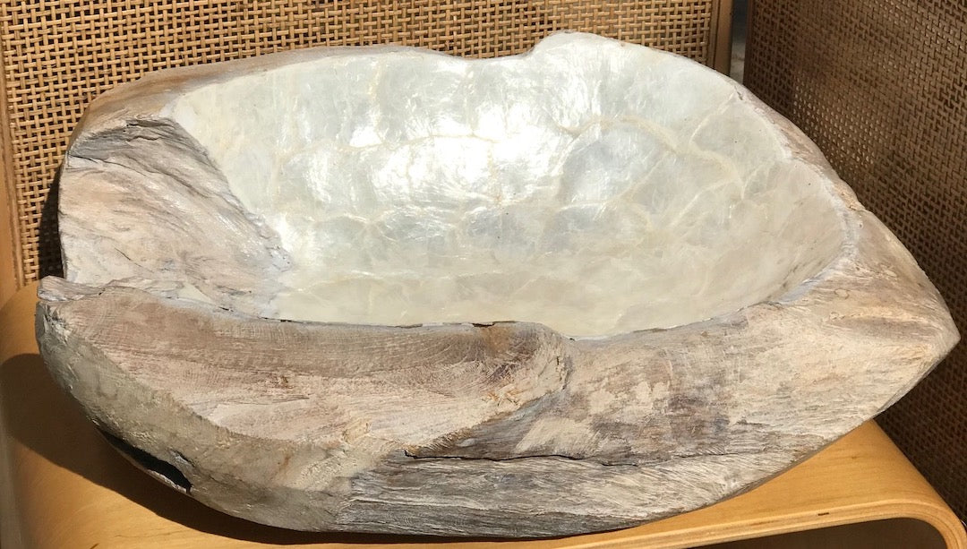 Large wooden feature bowl with pearlescent lining