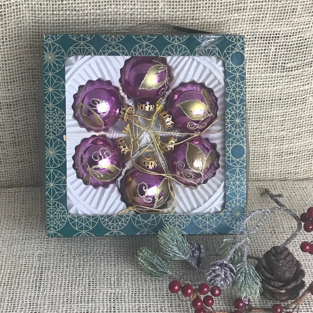 Set of 6 vintage German purple and silver Christmas baubles