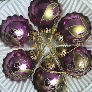Set of 6 vintage German purple and silver Christmas baubles