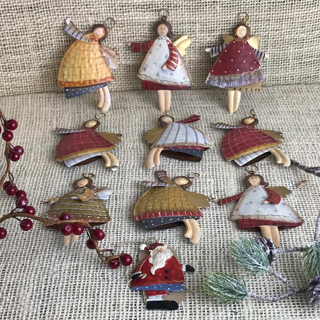 9 angels and Santa Tin Christmas tree ornaments