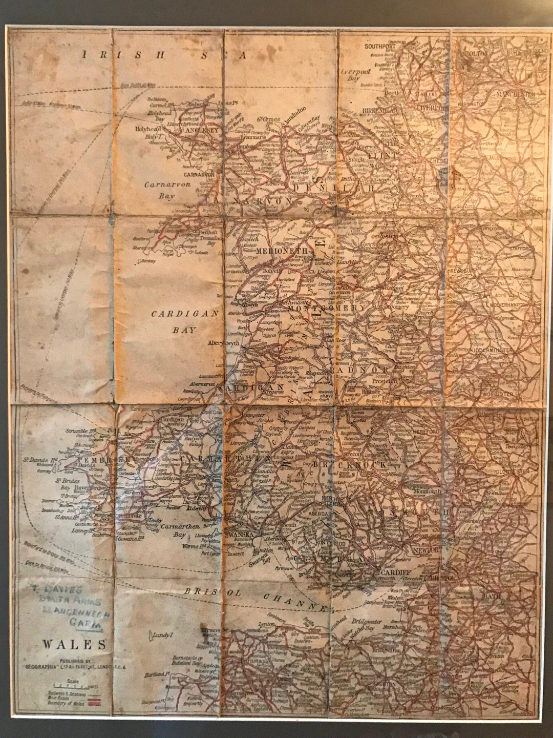 1920's Geographia Ltd map of Wales, sympathetically framed