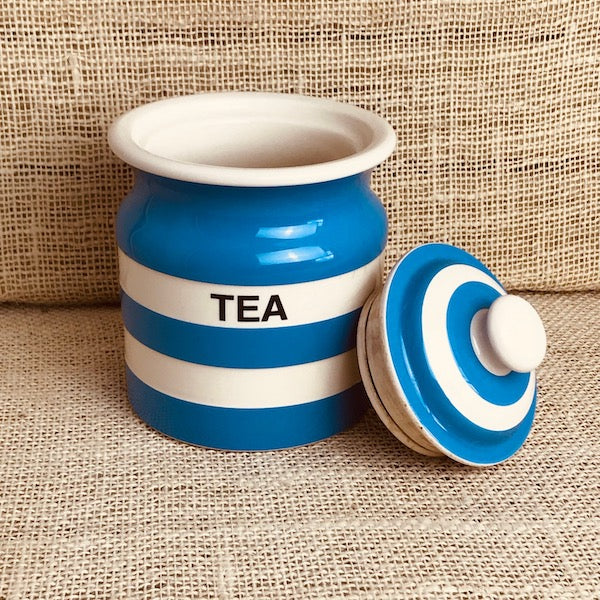 Image of TG Green blue cornishware Tea Jar lid off