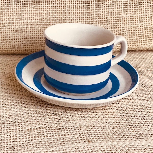 Image of TG Green blue cornishware tea cup and saucer JO left view