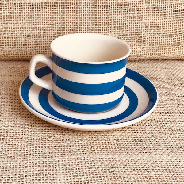 Image of TG Green blue cornishware tea cup and saucer right view