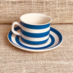 Image of TG Green blue cornishware tea cup and saucer right view