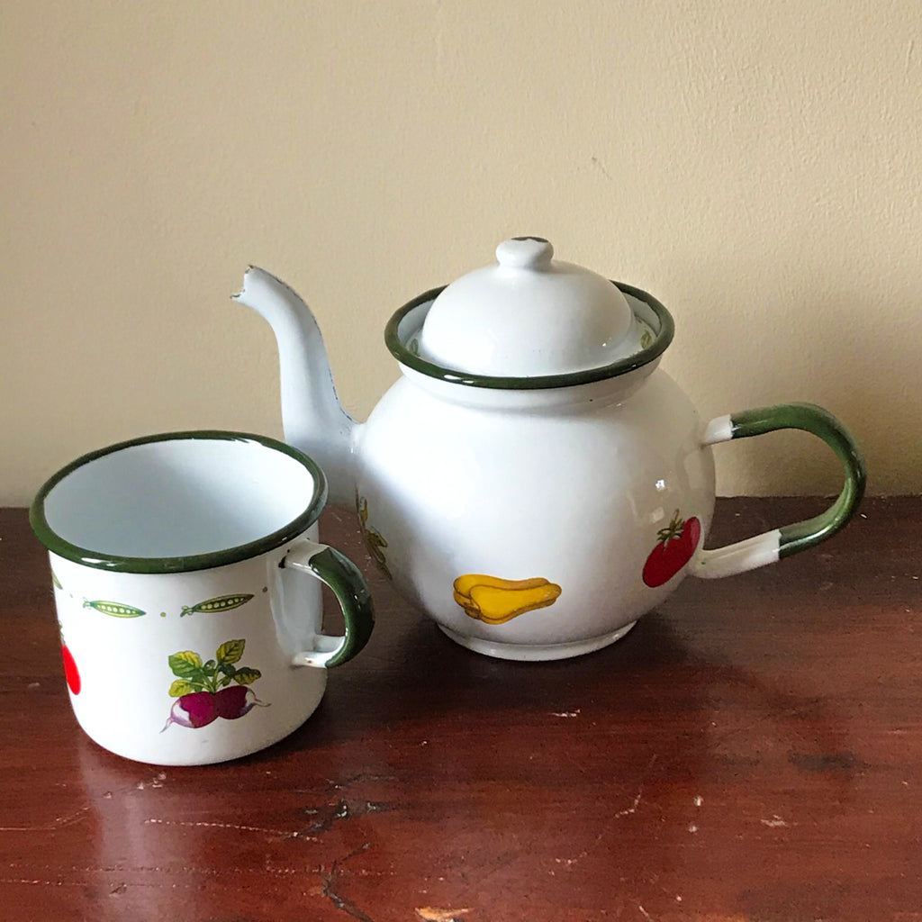 French enamel Tea pot and mug for gardeners