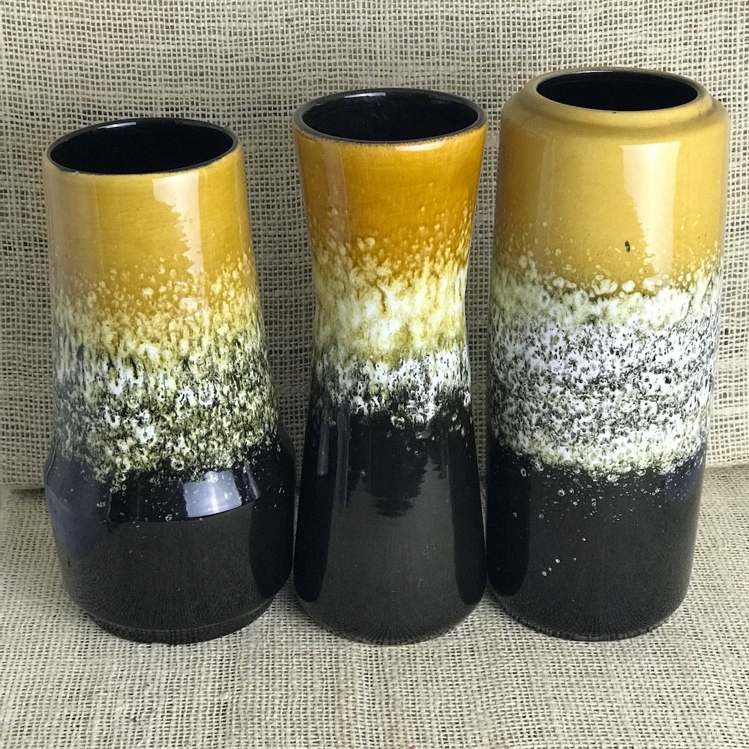 Image of Three mustard aand black West German vases
