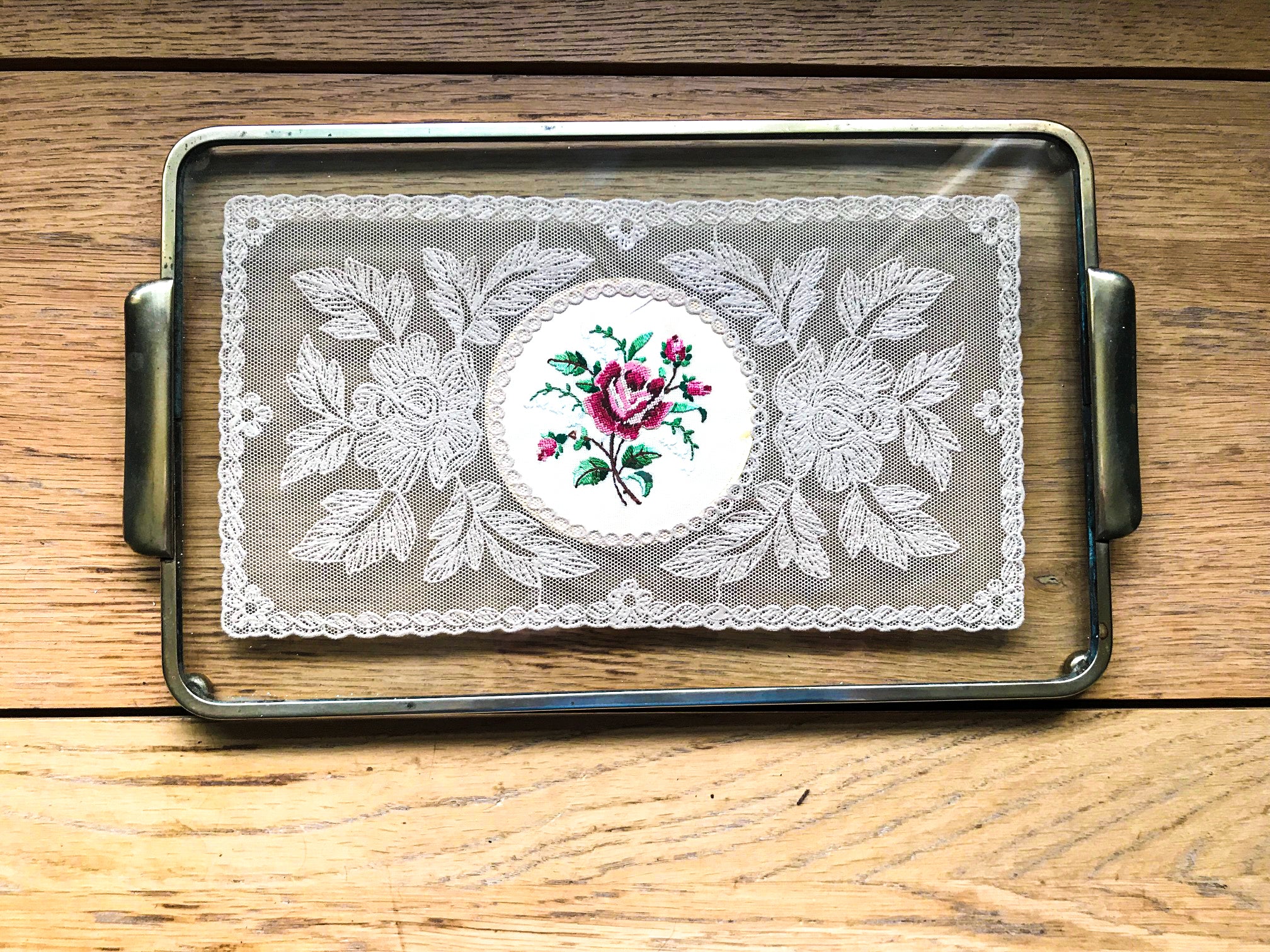 Petit Point embroidery and lace glass dressing table tray with brass f – Moody Mabel Petit Point embroidery and lace glass dressing table tray with brass f – Moody Mabel
