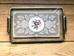 Petit Point embroidery and lace glass dressing table tray with brass frame