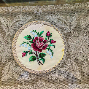 Petit Point embroidery and lace glass dressing table tray with brass frame